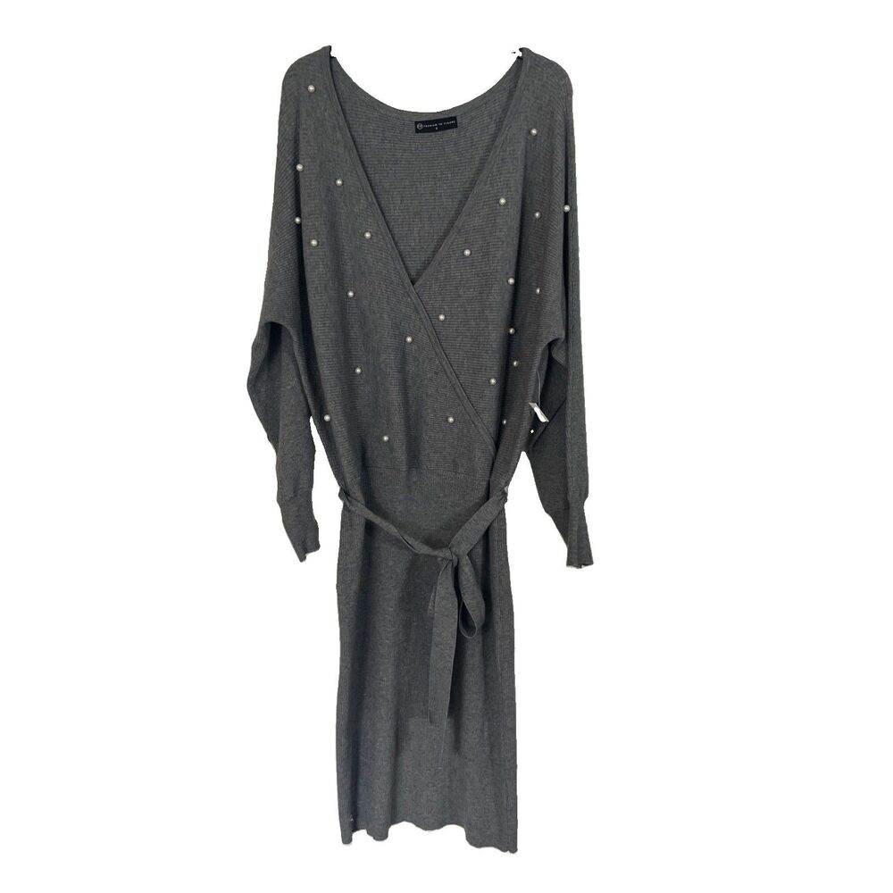 Fashion To Figure Sweater Dress Rib Knit V Neck Belted Pearl Embellished 2x NWT